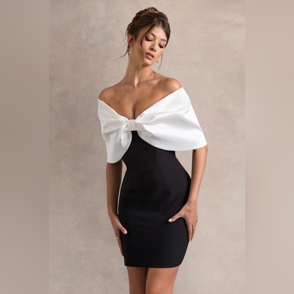 DEWDROP BLACK & WHITE MINI DRESS WITH OVERSIZED BOW | CLUB L LONDON - Picture 4 of 8